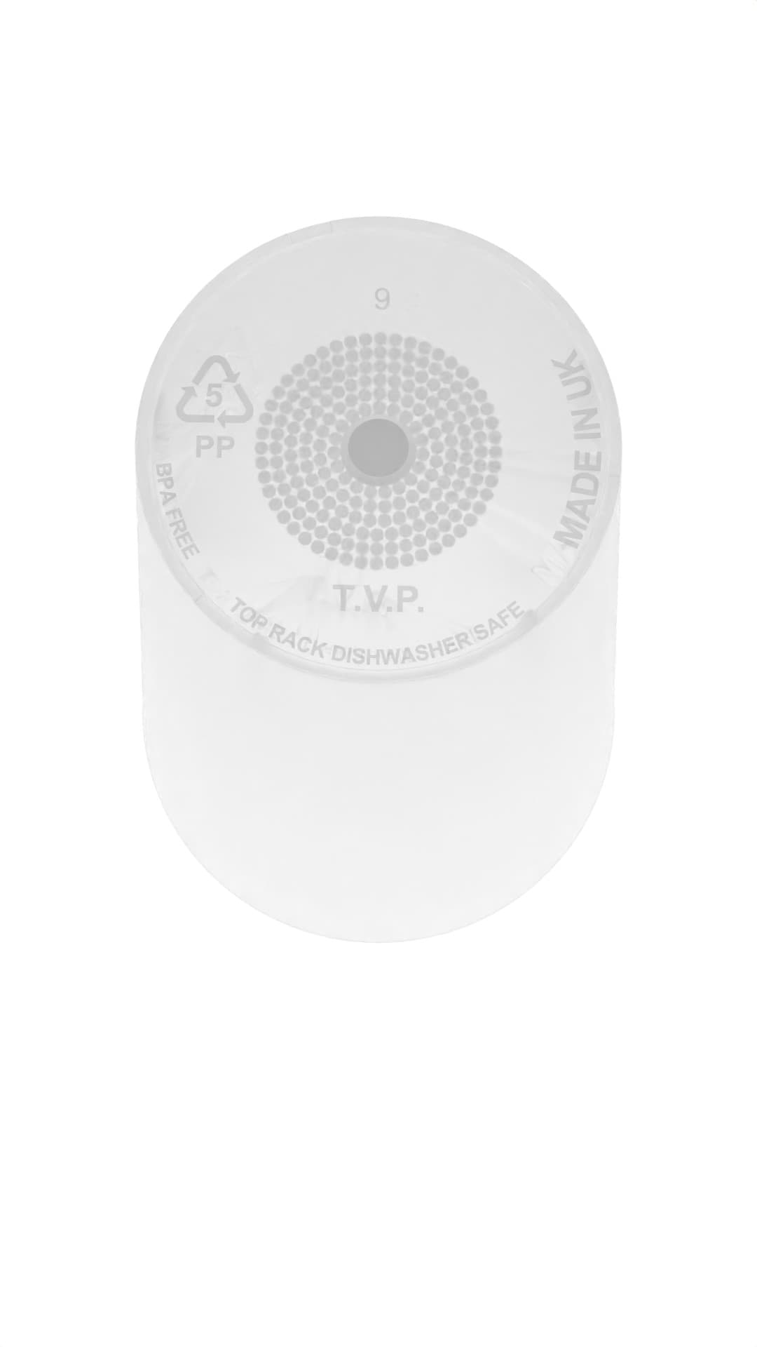 Base of a Printed Cups reusable cup showing the TVP Tees Valley Plastics manufacturer mark